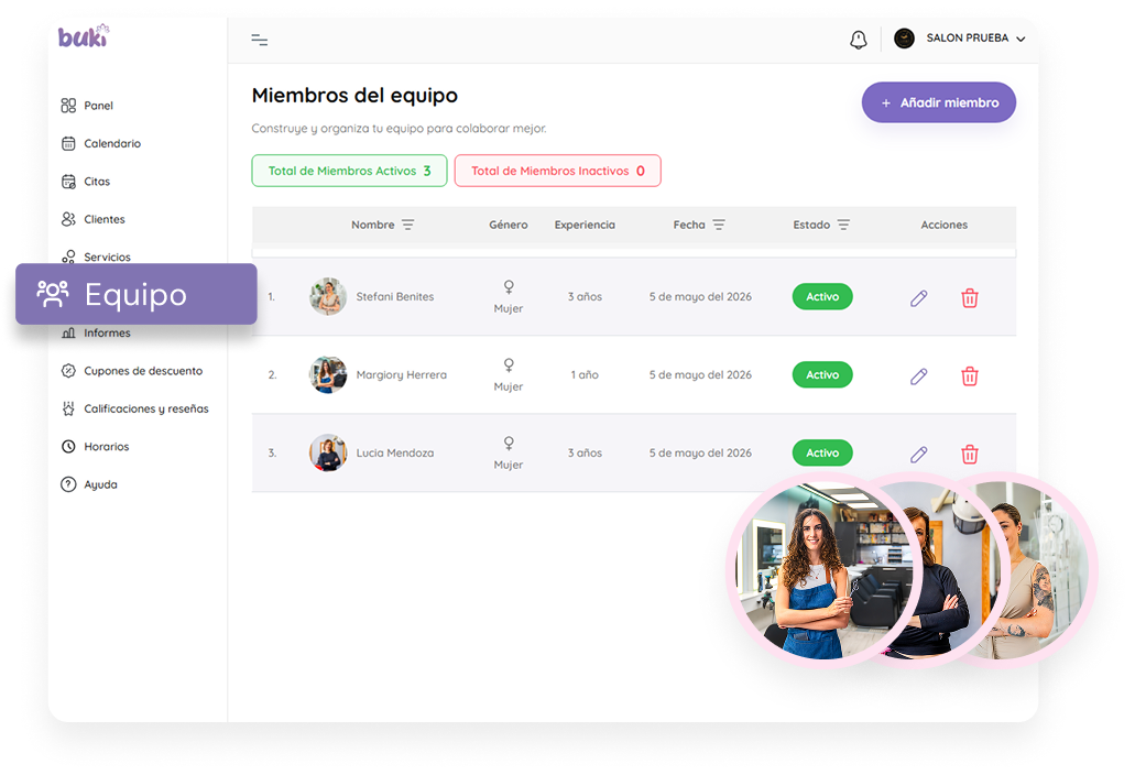 Panel de gestión de profesionales para negocios de belleza en Buki