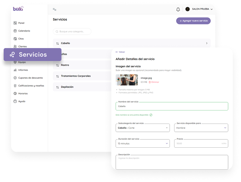 Panel para configurar servicios de belleza y bienestar en Buki