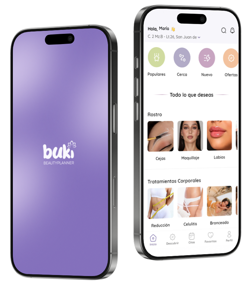 Pantallas de la app Buki para explorar y reservar servicios de belleza y bienestar
