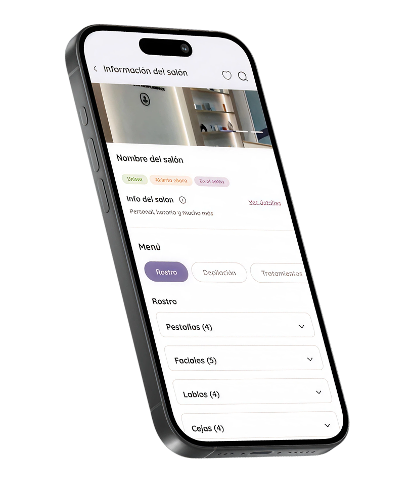 Pantalla de la app Buki con servicios de belleza y bienestar disponibles